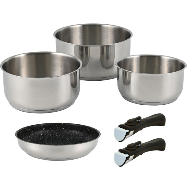 1852 Pot and Pan Set, 3 pots, 1 frying pan, and 2 detachable handles